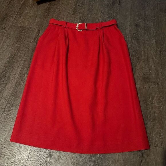 Vintage Evan Picone 100% Wool Belted Red Skirt Pockets Midi Length USA Sz 16 - Picture 1 of 9